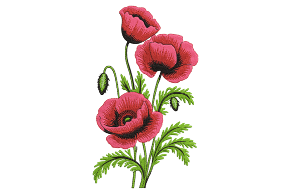 Blooming Red Poppy Flowers Embroidery Design