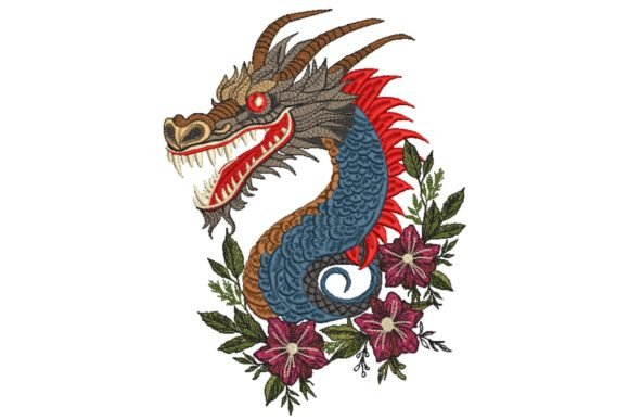 Blue Chinese Dragon and Flowers: A Festive Embroidery