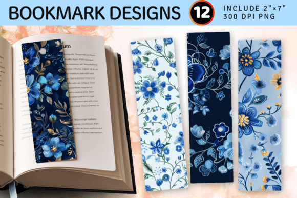 Blue Embroidery Flowers for Holiday Bookmarks