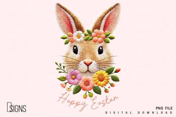 Charming Easter Bunny Spring Flowers Embroidery