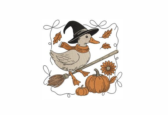 Charming Fall Witch Duck Embroidery Design