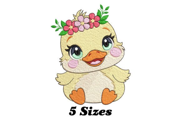 Cute Baby Duck with Flowers: A Charming Embroidery
