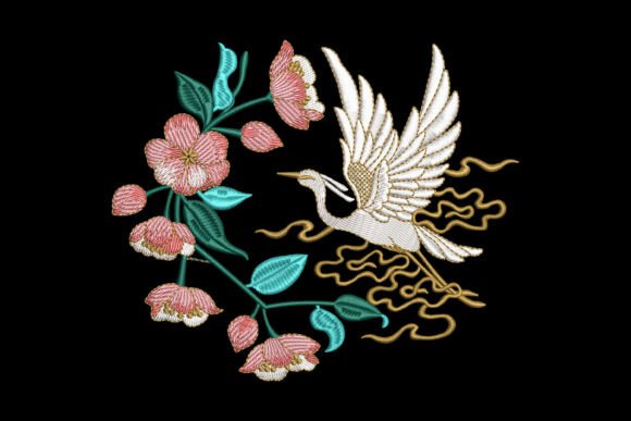 Elegant Cranes and Blossoms Embroidery