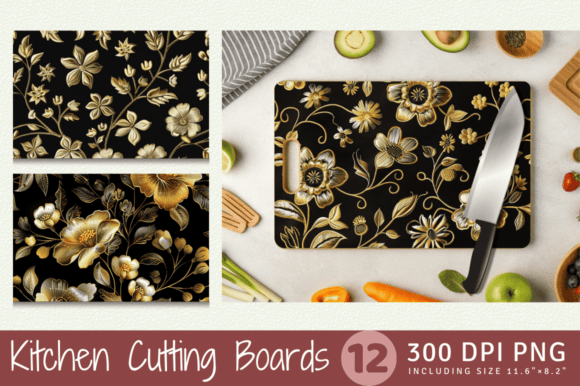 Gold Flowers Embroidery for Cutting Boards