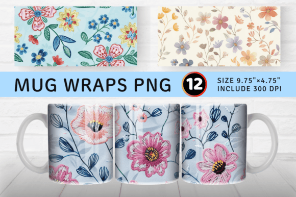Pastel Embroidery Flowers Mug Wrap Design