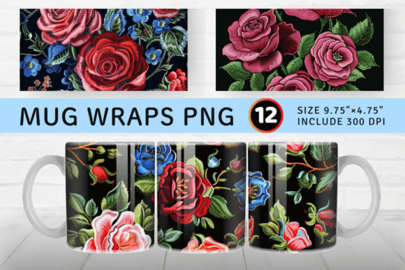 Roses Embroidery Design for Mug Wraps